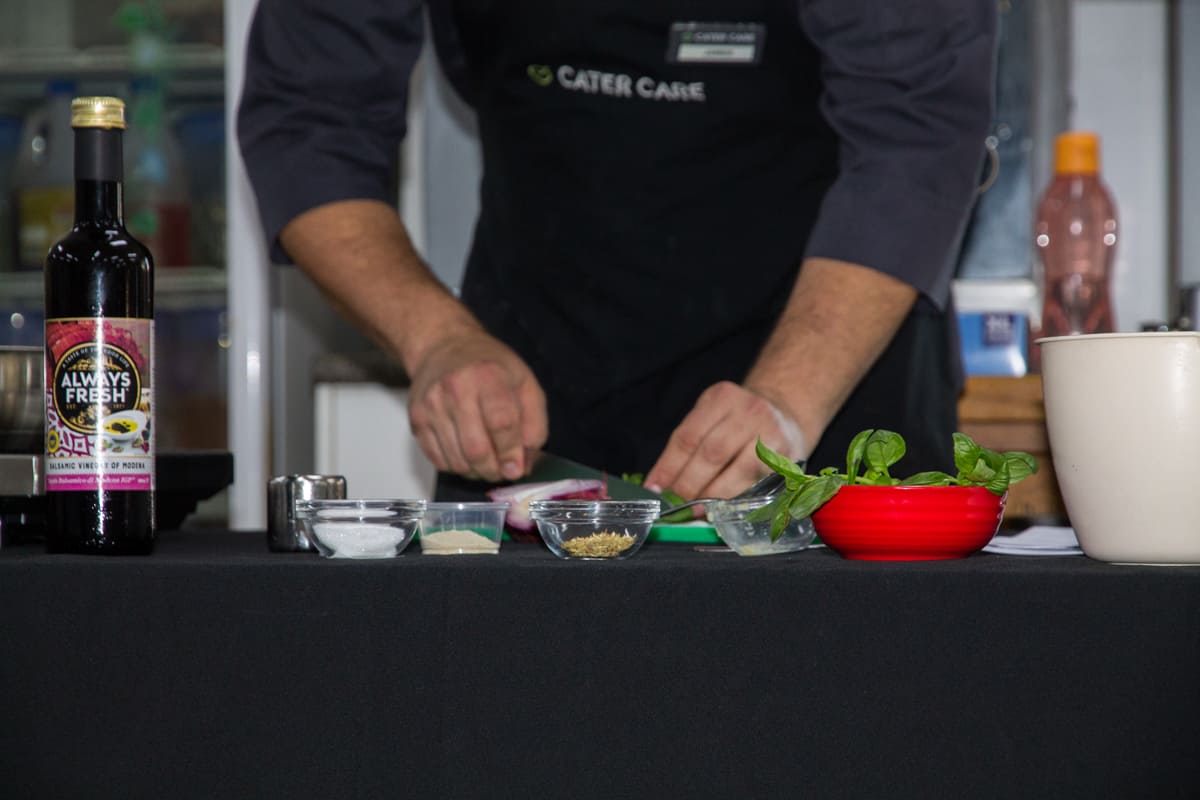 Cutting food during cooking demonstration